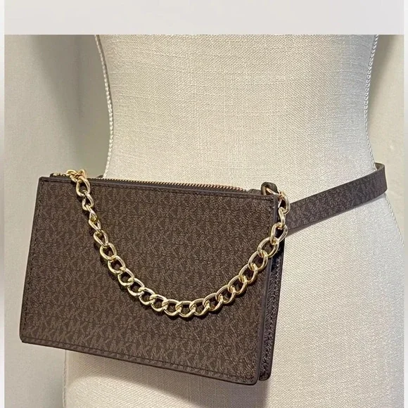 Michael Kors-Signature Logo Design-Adjustable Brown Belt with gold chain Bag - Picture 2 of 5